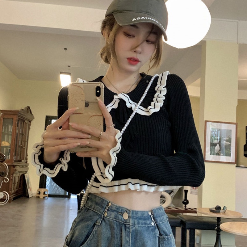 Áo len ngắn có cột dây với đường cắt tỉa thời trang mùa xuân độc đáo cho nữ