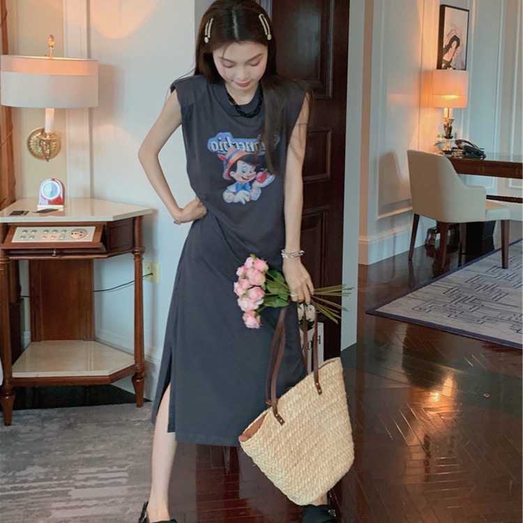 Đầm Thun Sát Nách Dáng Dài In Họa Tiết Hoạt Hình Thời Trang Mùa Hè Xinh Xắn Cho Nữ