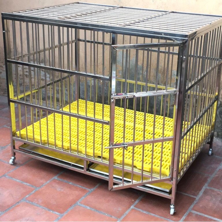 Lồng inox bản lề cho chó mèo có bánh xe di chuyển