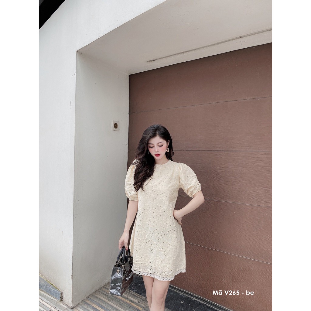 Váy suông phối ren, cổ tròn, tay phồng bo chun, đầm xuông freesize 3 màu vàng, trắng, be mã V265 - Michi's House | BigBuy360 - bigbuy360.vn