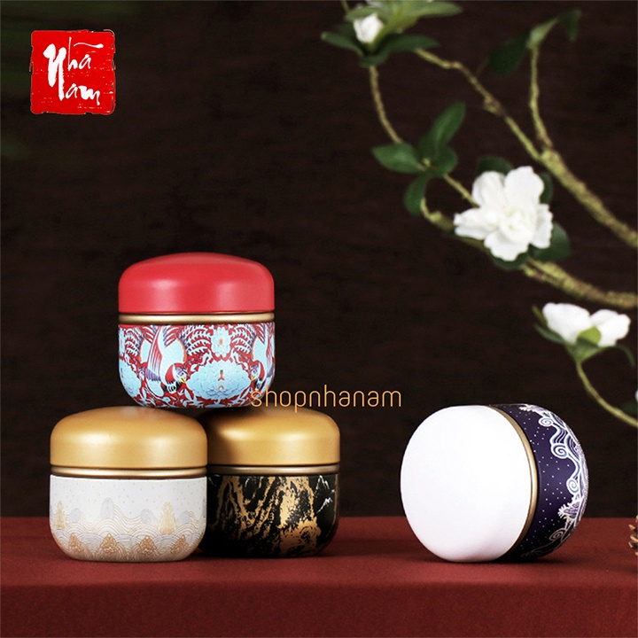 Hộp đựng trà bằng thiếc 50g tiện dụng thiết kế hoạt tiết độc đáo