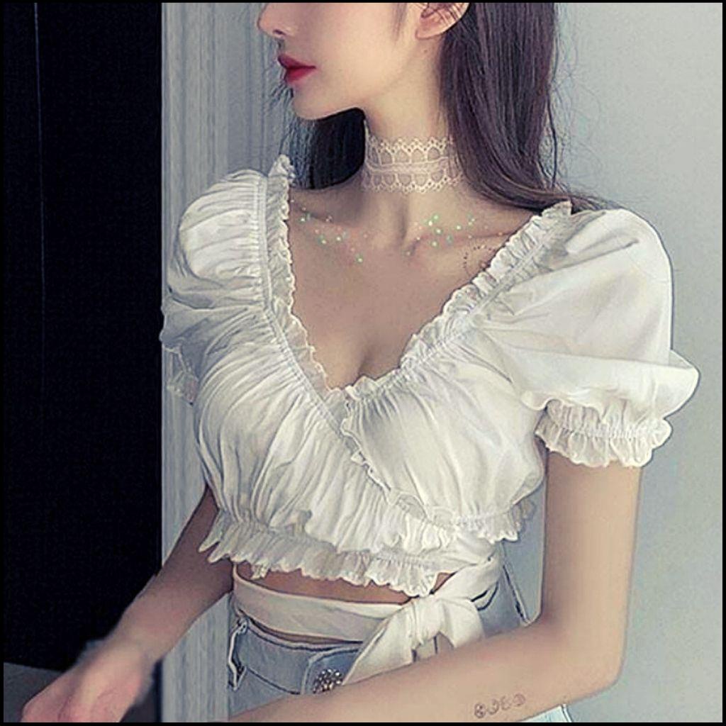 Áo Croptop Đắp Chéo Nơ Eo - Áo Croptop Cổ V Bèo Thân Buộc Nơ Siêu Xinh