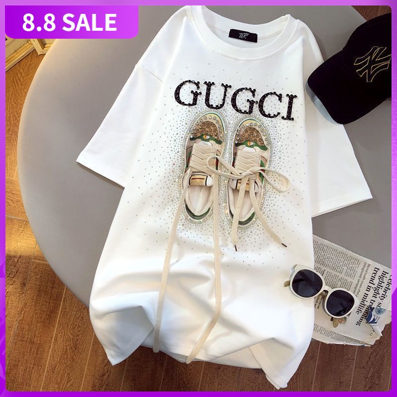 Áo thun cotton ngắn tay đính đá phong cách châu Âu dành cho nữ