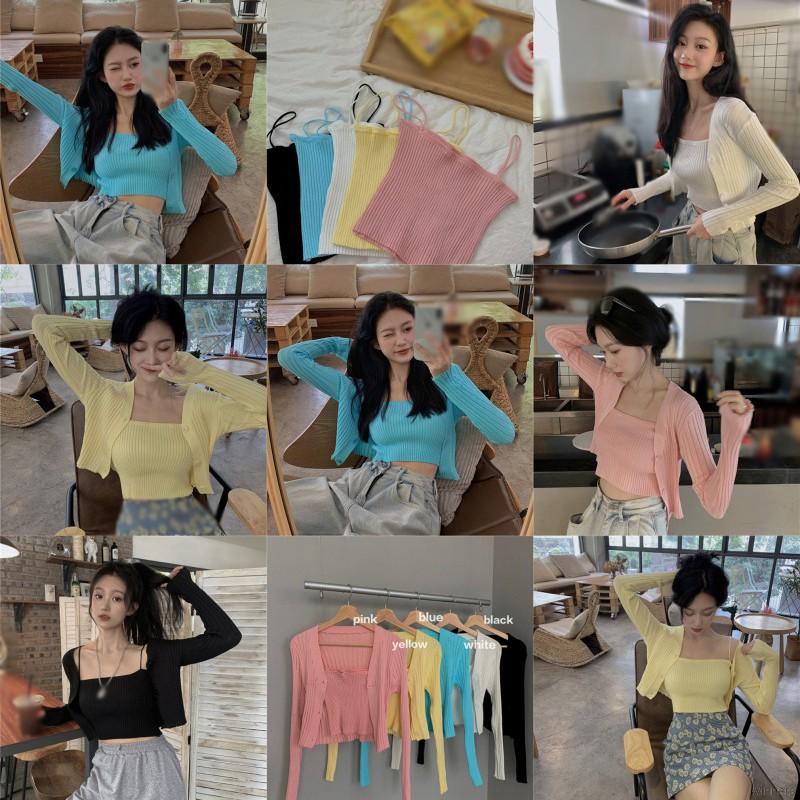 Set Áo Hai Dây + Áo Khoác Cardigan Màu Trơn Phong Cách Hàn Quốc Gợi Cảm Cho Nữ | BigBuy360 - bigbuy360.vn