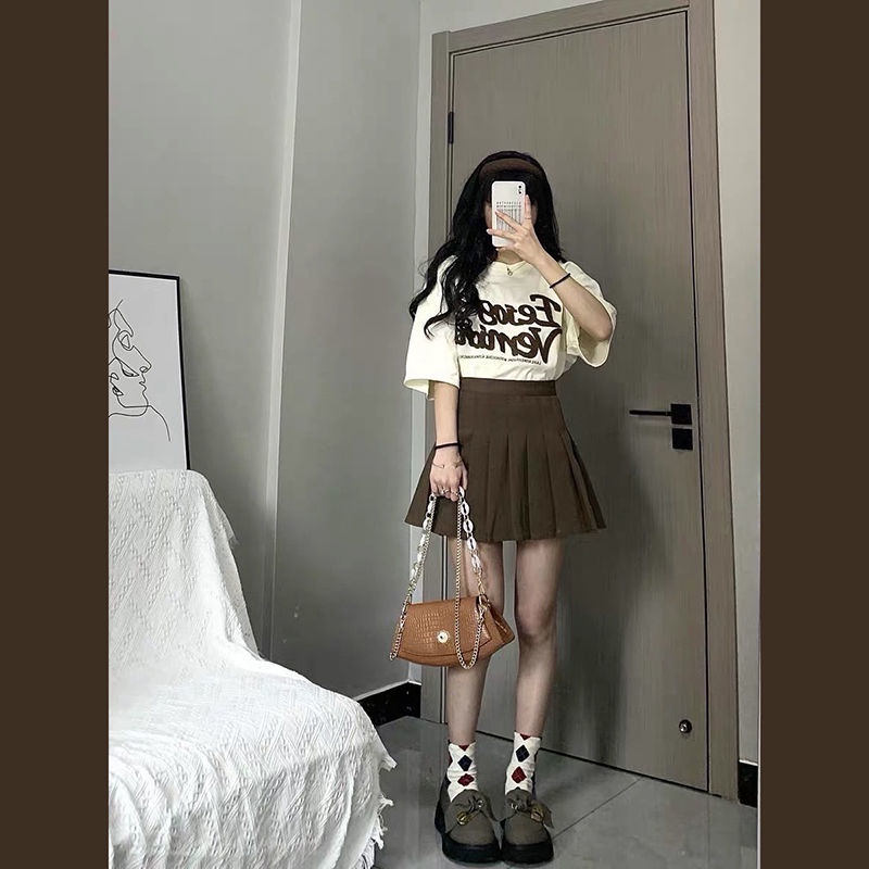 AMOI Bộ Áo Thun + Chân Váy Kaki Xếp Ly Phong Cách Retro Hàn Quốc Cho Nữ