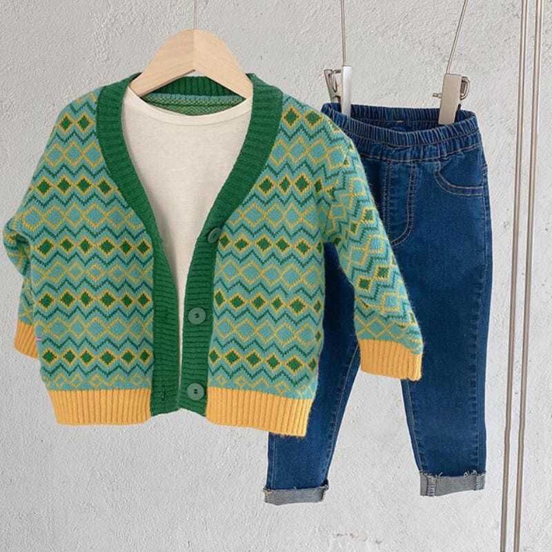 Áo khoác len cardigan xanh họa tiết kẻ ô cho bé gái & bé trai  N01273