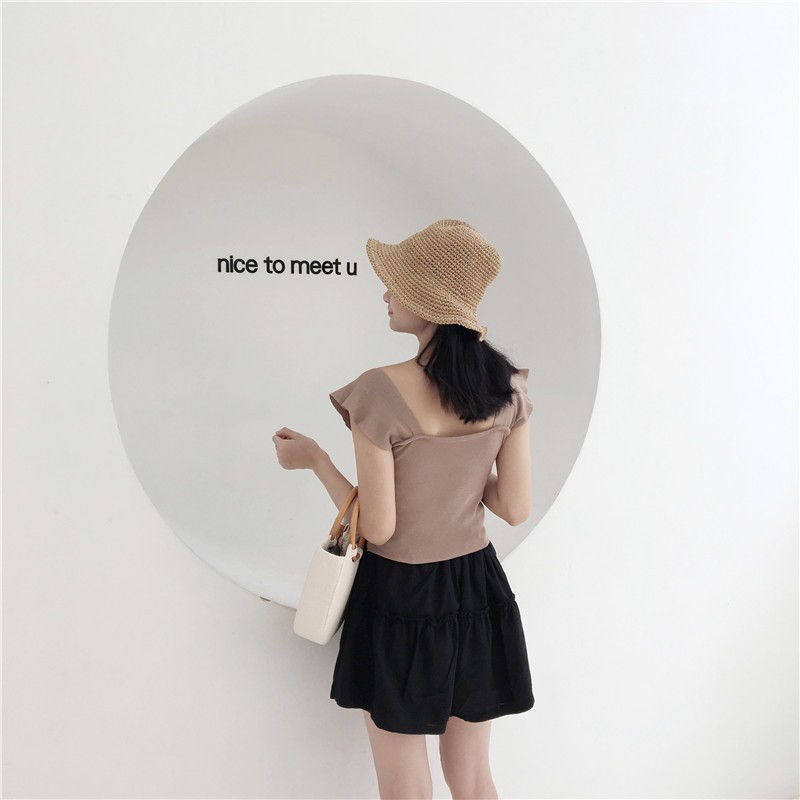 Áo dệt kim sọc gân tay ngắn ôm dáng thời trang dành cho nữ | BigBuy360 - bigbuy360.vn