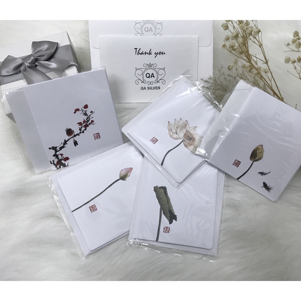 Thiệp in hoa mai lá sen cổ phong chúc mừng sinh nhật kèm phong bì FLORA Greeting Card QA SILVER AC211202