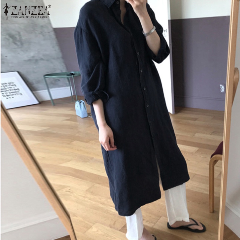 Đầm dài ZANZEA cổ lật tay dài phối nút khuy màu trơn đơn giản cổ điển thời trang dành cho nữ