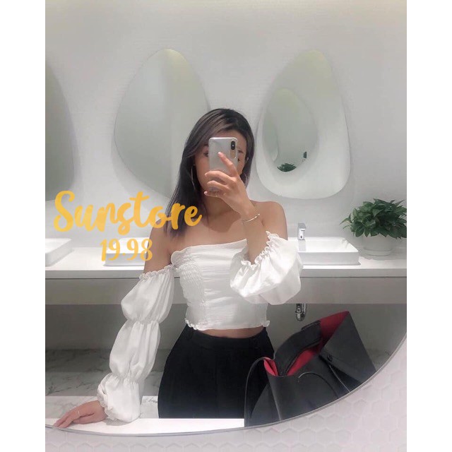 Áo croptop tay dài rớt vai nhún chun tay bo phồng độc đáo nữ tính cực kì