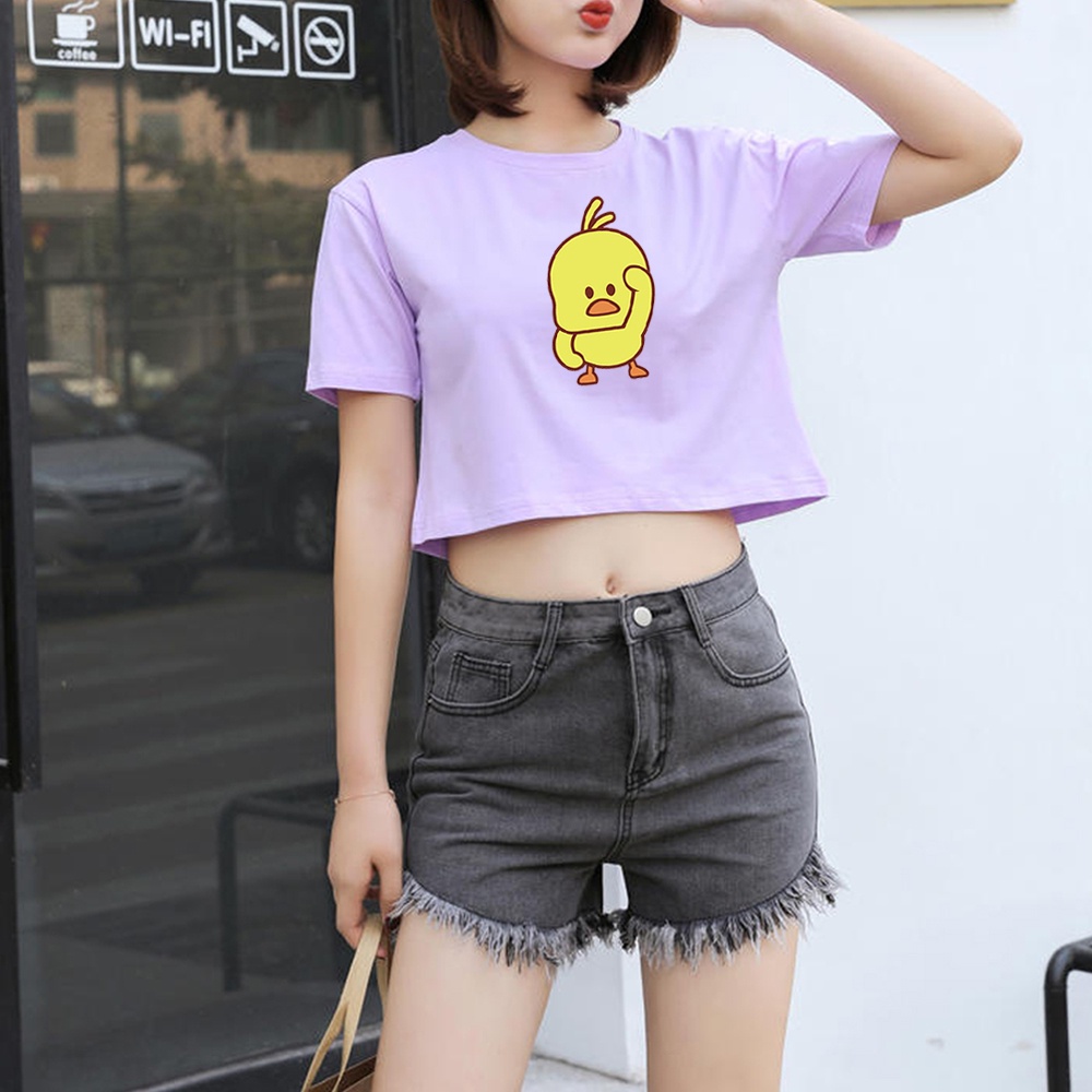 Áo Thun Lửng In Hình Chú Vịt Vàng Nhỏ Dễ Thương Thời Trang Mùa Hè Cho Nữ