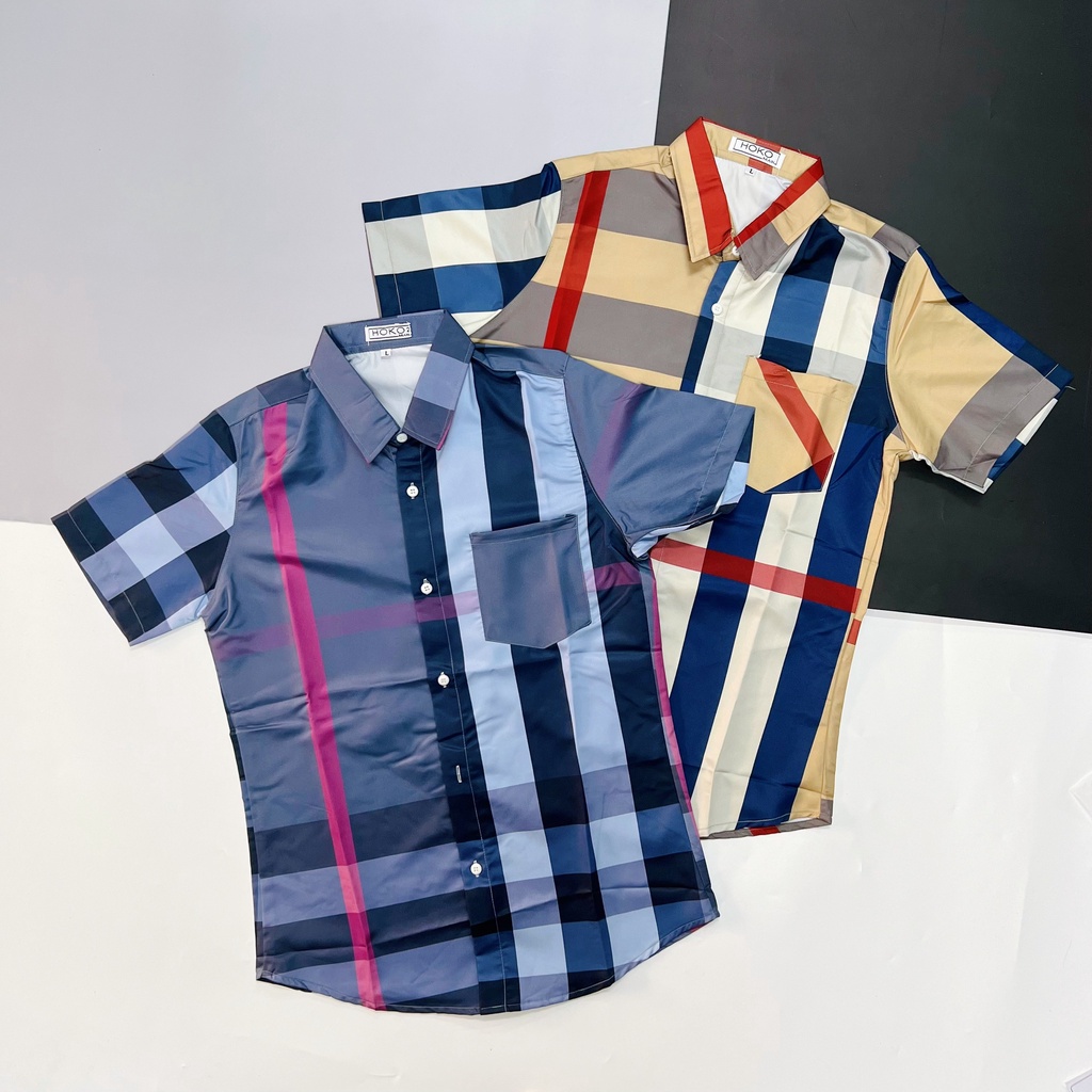 Áo sơ mi 3D tay ngắn chất lụa Caro thêu ngực hoạ tiết BURB đẹp mắt thoáng mát phong cách trẻ trung thời trang nam nữ