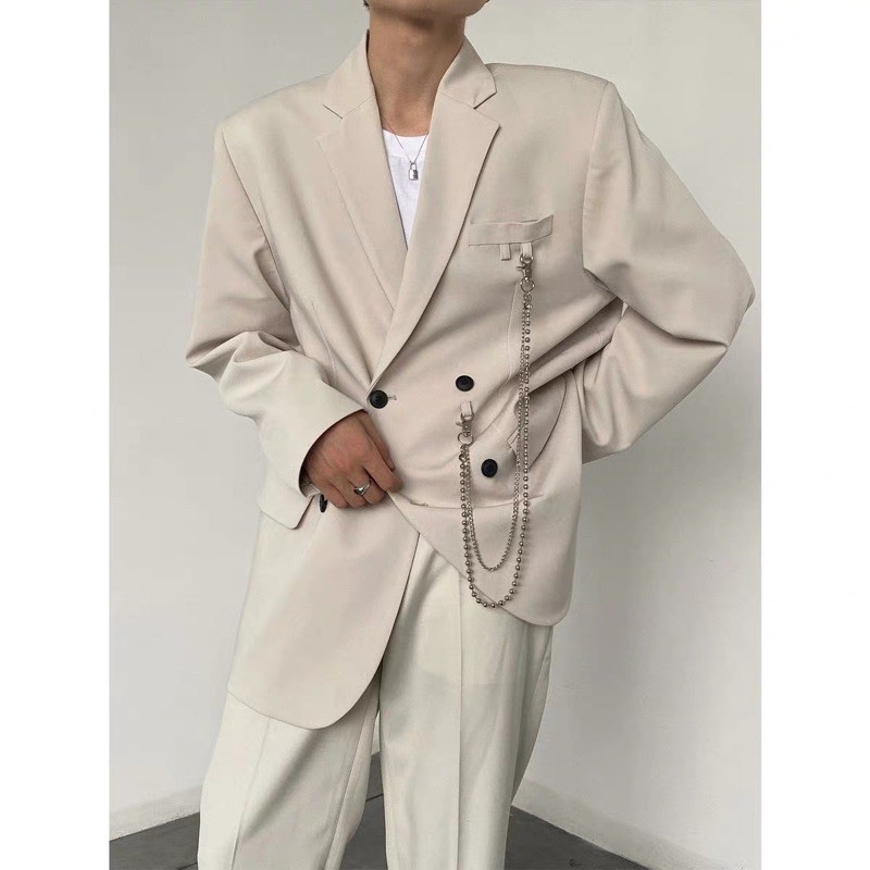 (Order 2 tuần) Áo blazer hai màu đen và be kèm chain dáng oversized cho nam và nữ Ulzzang (ảnh thật)