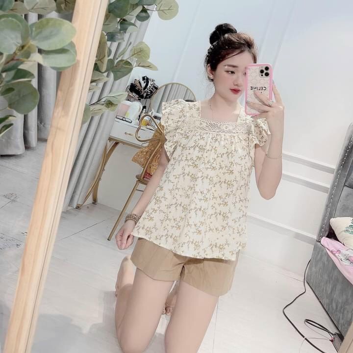 Set bộ kiểu babydoll nữ Cổ Vuông tay ngắn  MADELA  vai bồng, bộ mặc nhà không tay cổ vuông siêu xinh