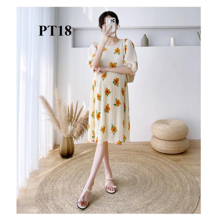 Đầm bầu voan gân hoa 2 màu kem và xanh