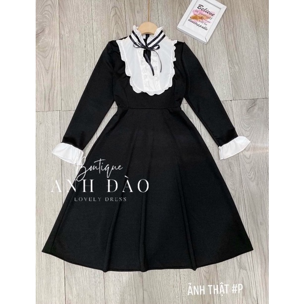 Váy đen tiểu thư dự tiệc sang trọng xoè nơ cổ bèo chất Umi Hàn loại xịn V169 form dài AĐ BOUTIQUE