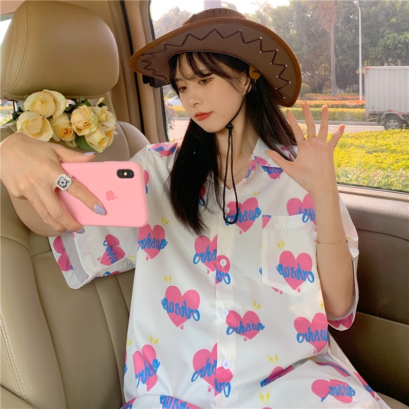 Áo Sơ Mi Nữ Tay Ngắn Dáng Rộng In Hình Trái Tim Phong Cách Retro Nhật Bản