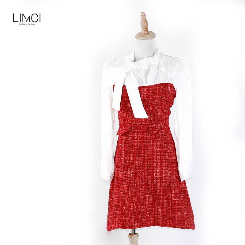 Váy dạ tweed phối áo trắng đính nơ phong cách Hàn Quốc vintage LV07
