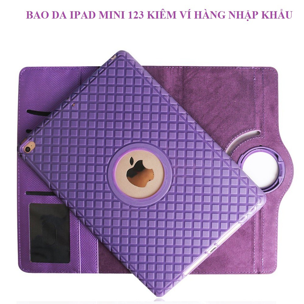 Bao da iPad Mini 123 kèm ví xoay 360 độ - Tặng kèm bút cảm ứng - Màu Tím