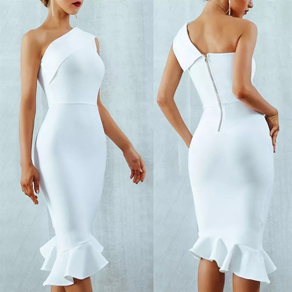 Mushroom Lee - Đầm Body lệch vai đuôi cá - White