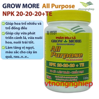 Phân bón lá npk 20-20-20+te kích chồi và lá growmore all purpose lọ 100 gram