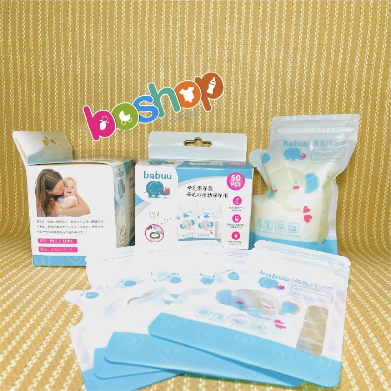 Hộp 50 Túi Trữ Sữa Babuu 250ml Nhật Bản, Túi Có Vòi Rót Tiện Dụng