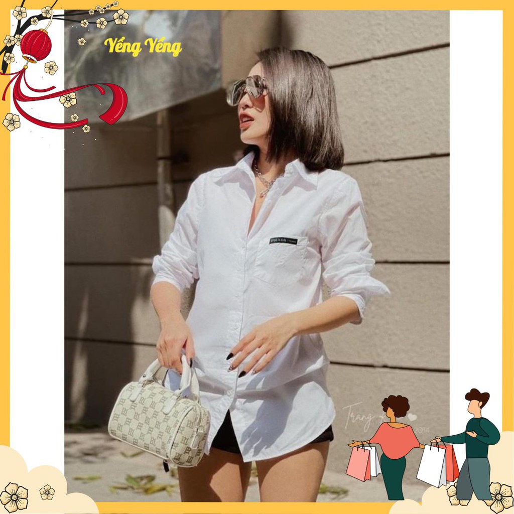 ANU163 - ÁO SƠ MI NỮ TRẮNG RÚT SƯỜN PRADA