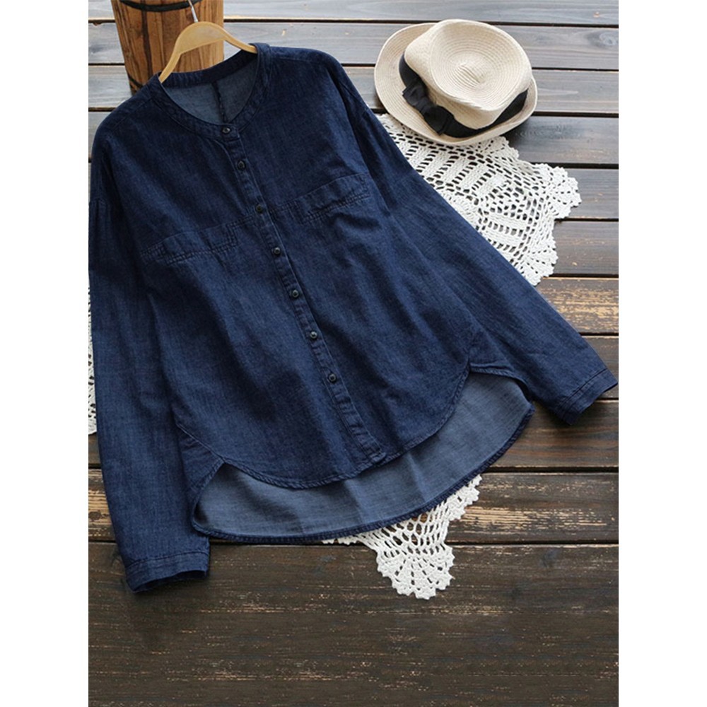 ZANZEA Phụ nữ Thường Cổ tròn Nút xuống Áo sơ mi dài tay denim