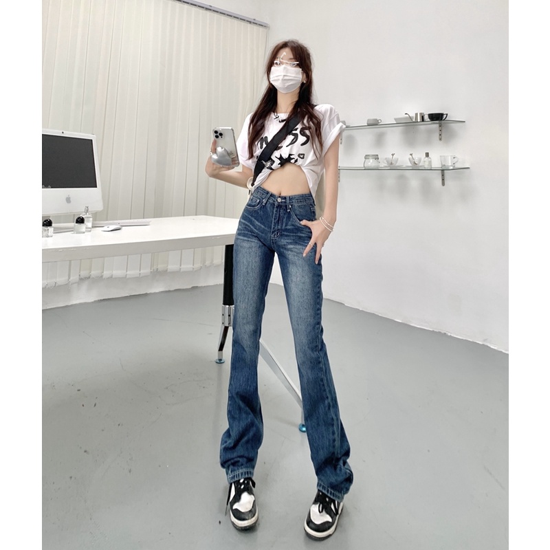 Quần Jeans dáng suông ống rộng cạp cao phong cách Ulzzang