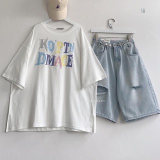 Quần jeans ngố đai nút rách