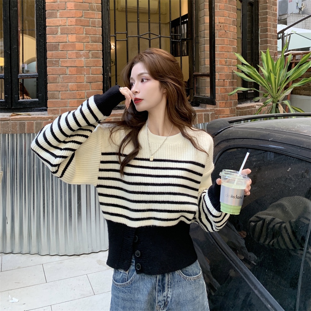 Áo len ZHELIHANGFEI tay dài họa tiết kẻ sọc xẻ tà thời trang cho nữ