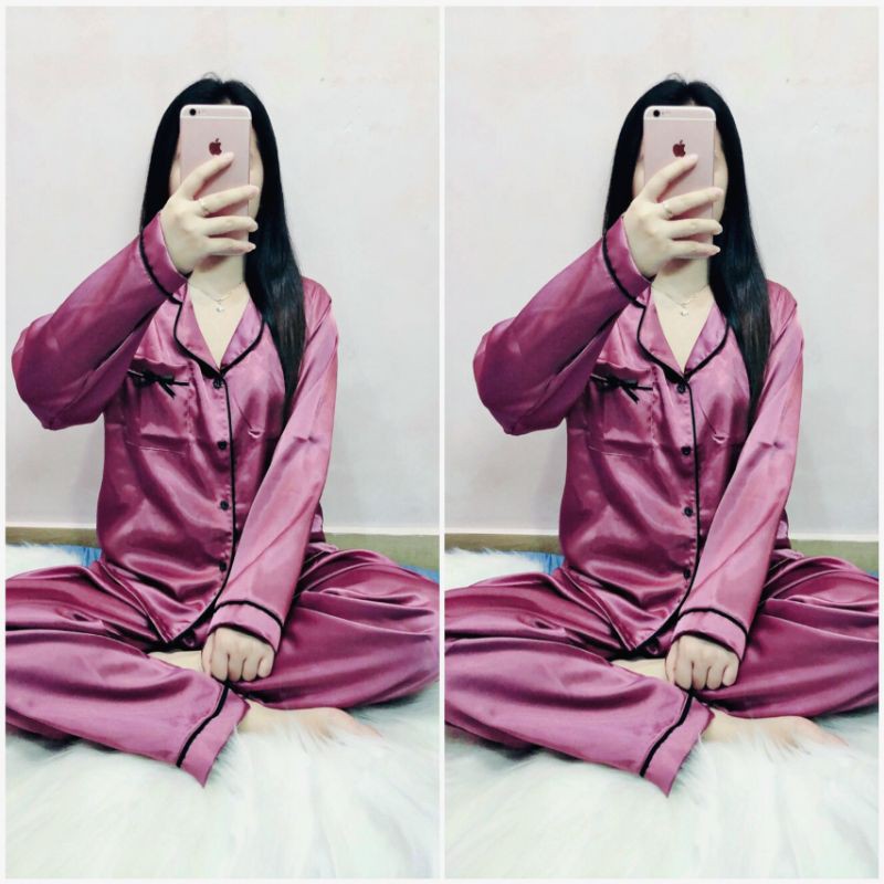 [ BIGSIZE ] Pijama phi lụa bigsize viền nơ tay dài 60-75kg