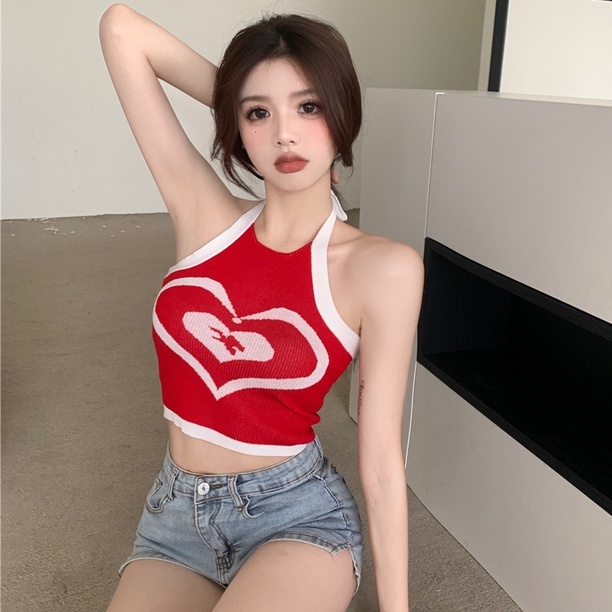 Áo ZHELIHANGFEI hai dây cổ yếm dệt kim họa tiết trái tim xinh xắn thời trang