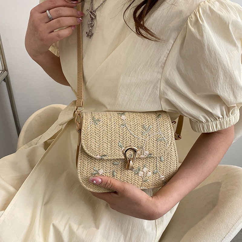 Túi cói Vai Đan Lát Phối Ren Hoa Thời Trang Dành Cho Nữ