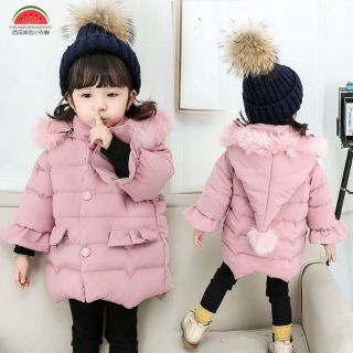 Áo khoác phao mũ lông dáng dài trung bé gái
