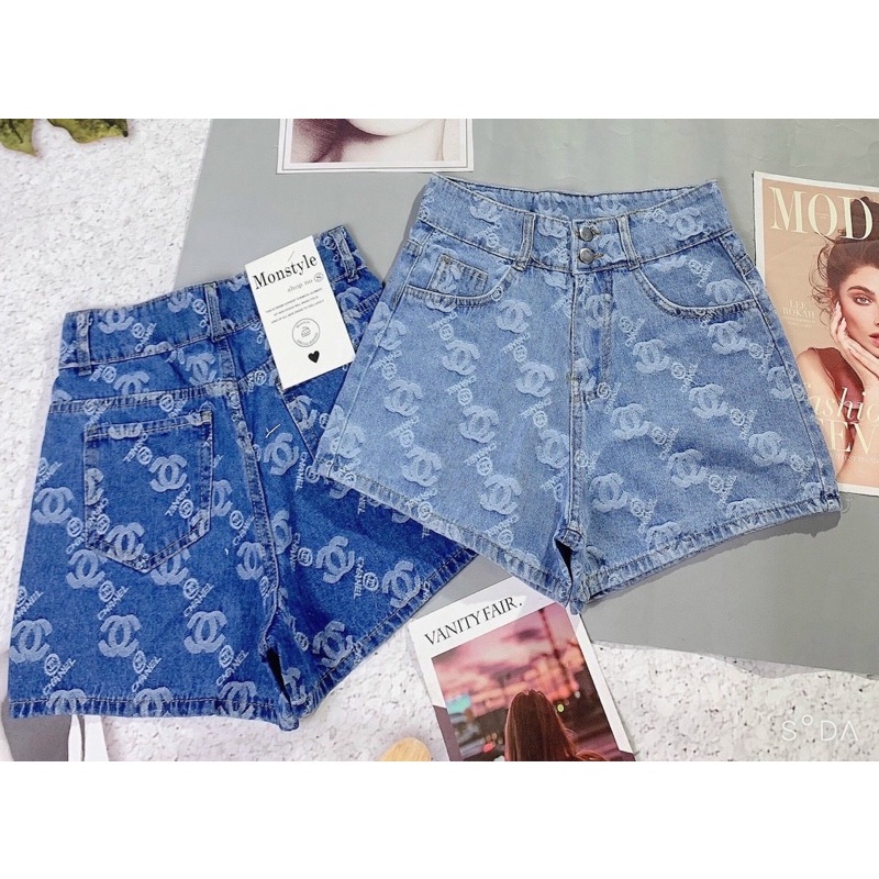 Quần shorts jeans lưng siêu cao 2 nút dệt hoạ tiết - R5T