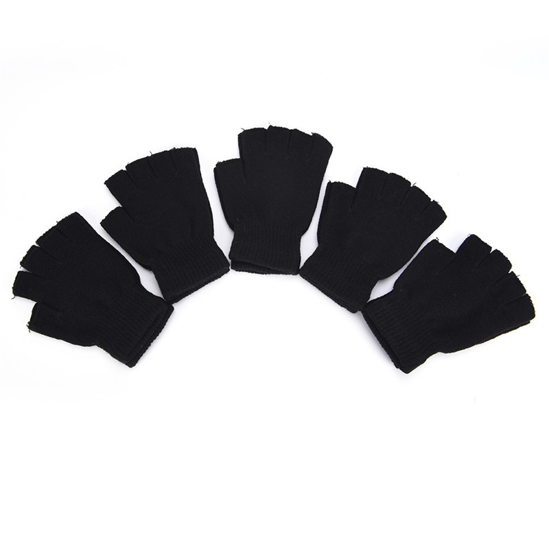 GJCUTE Găng tay len hở ngón màu đen co giãn giữ ấm dùng mùa đông cho nam