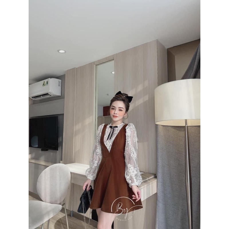 VÁY NHUNG PHA REN HOA NỔI CỔ NƠ