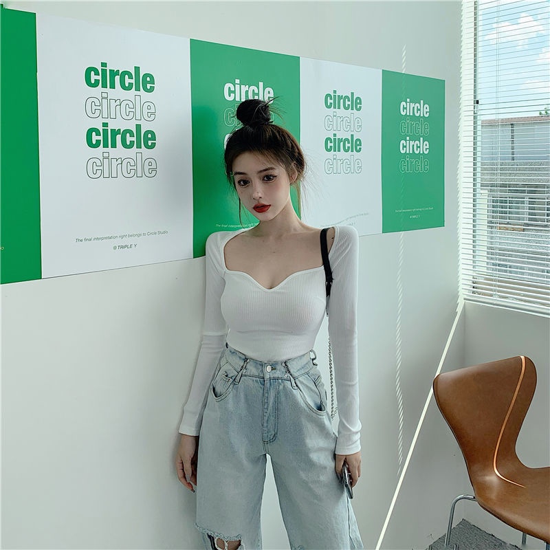 Áo Thun Lửng Tay Dài Quyến Rũ Phong Cách Hàn Quốc Dành Cho Nữ，áo thun trắng trơn nữ