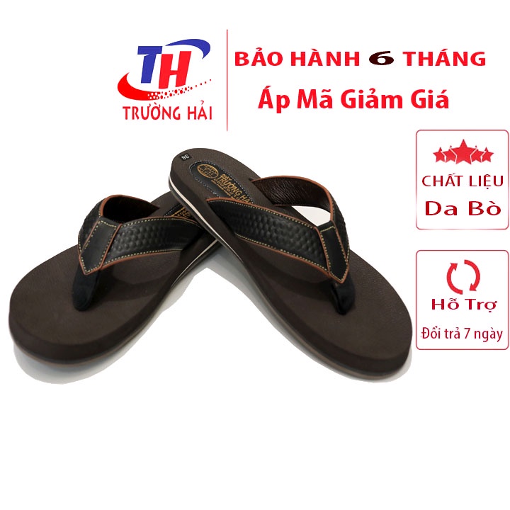 Dép nam  xỏ ngón Da Bò Thật màu Nâu Trường Hải Đế cao su không trơn XN09