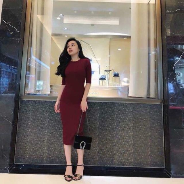 Đầm body tay lỡ nữ len tăm kiểu dáng bassic trẻ trung form thụng