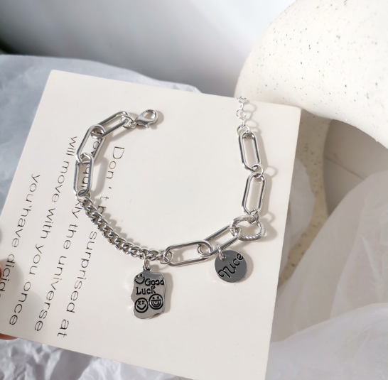 【sweet】woman fashion punk style Titanium Steel Smile Round Letter Pendent Bracelet gift jewelry