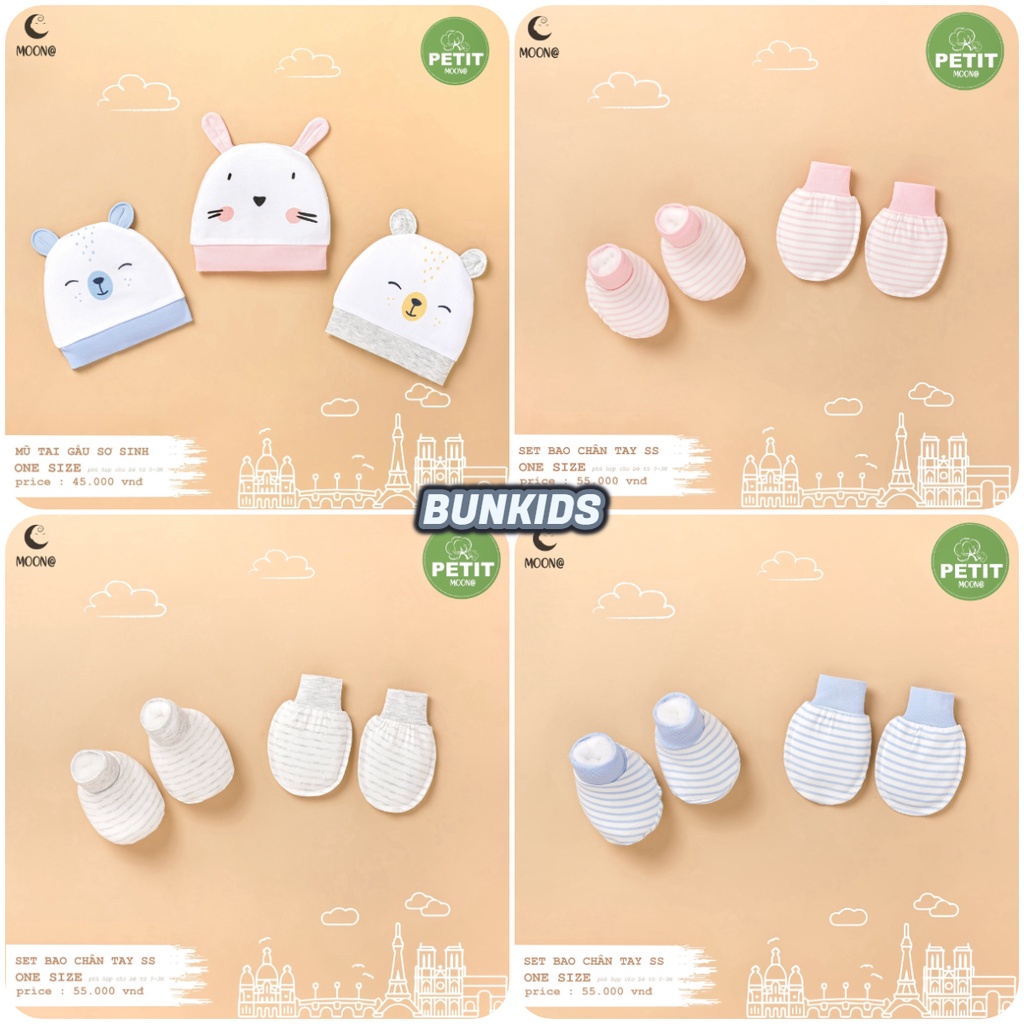 Mũ Bao tay Bao chân MOON vải petit mềm mỏng hình gấu kẻ bé sơ sinh 0-3M