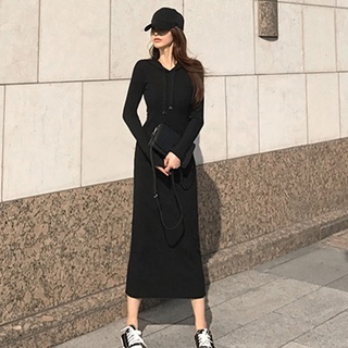 Đầm dệt kim dáng ôm dài có mũ trùm thời trang cá tính cho nữ