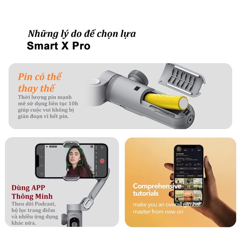 Gimbal Chống Rung Cho Điện Thoại - Gimbal SMART X PRO - Tích hợp sạc không dây - Pin 3200 mAh - Đèn Led Trợ Sáng