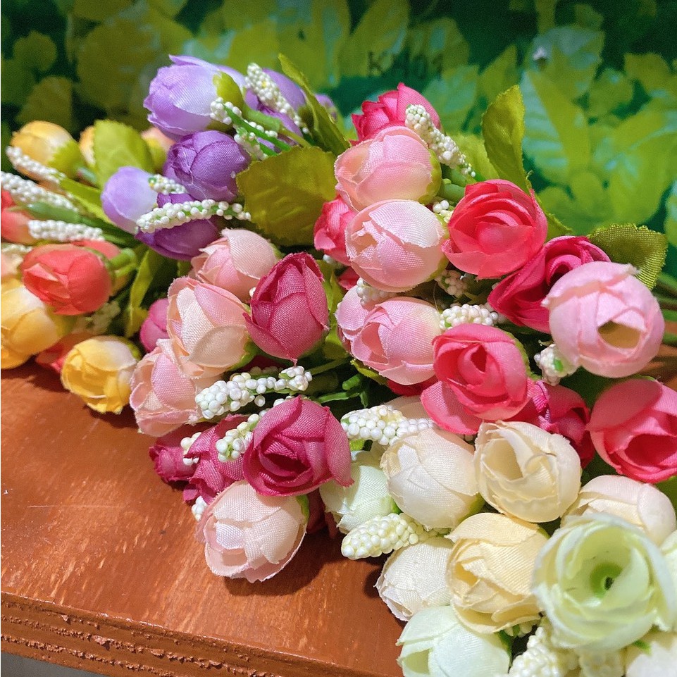 Hoa giả - hoa nụ hồng trang nhí nhiều màu ( giá bán 1 nhánh không kèm bình)