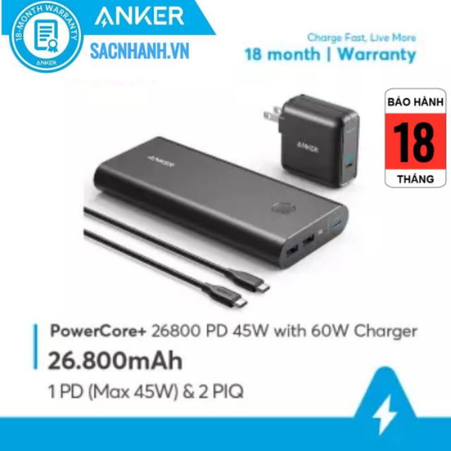 Bộ Pin dự phòng Anker PowerCore+ 26800 45W & sạc ATom III 60W