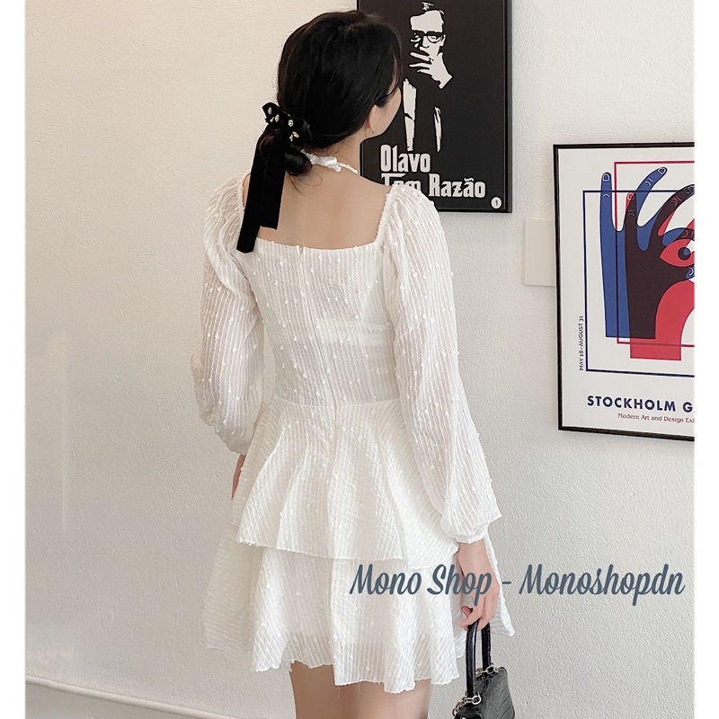 Đầm cổ yếm voan ren hạt tiểu thư dài tay 2 tầng tay bồng Ảnh thật/ sẵn | BigBuy360 - bigbuy360.vn