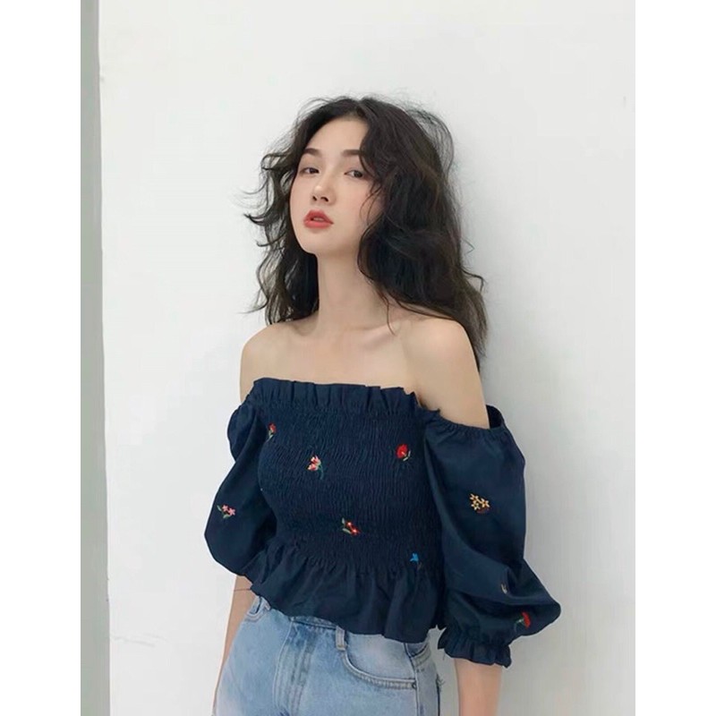 ÁO RỚT VAI BÈO NHÚN CHỈ THÊU HOA 💋