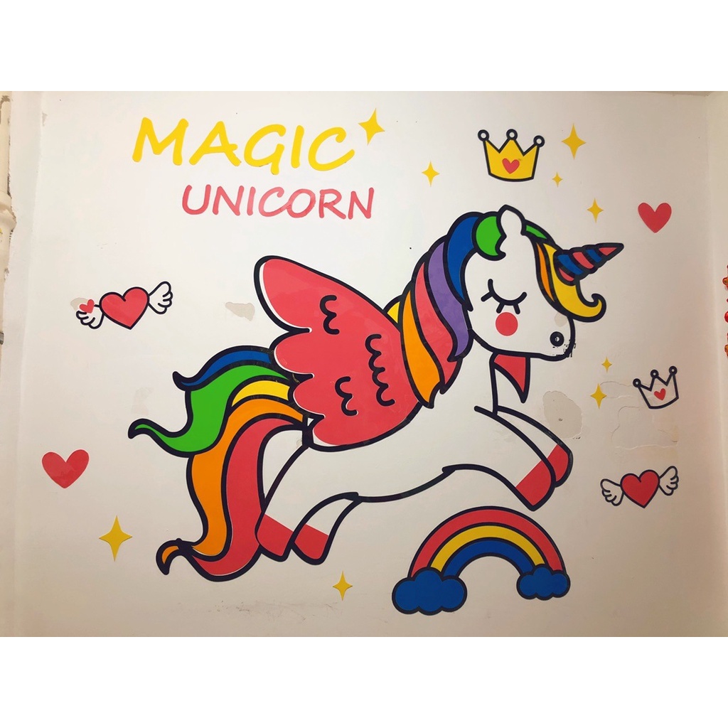 Tranh dán tường mica 3d decor khổ lớn unicorn kỳ lân đáng yêu trang trí phòng cho bé, mầm non Nhiều Size - EPeBen